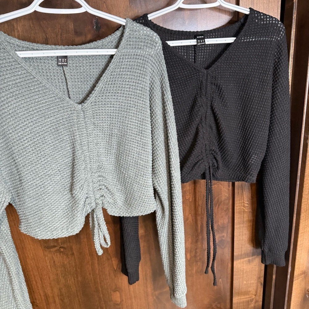 SHEIN Knit Sweaters lot of 2 green and black cropped drawstrin adjustable fronts - Picture 1 of 10